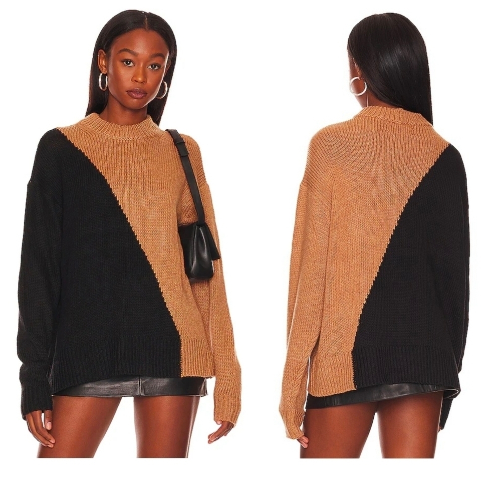 L'Academie Dagan Color Block Crewneck in Black & Camel Nwt